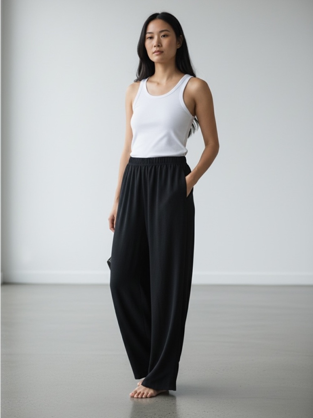 GeeGee Womens pants Black Small Relaxed Straight Leg Elastic Waist pockets Tie